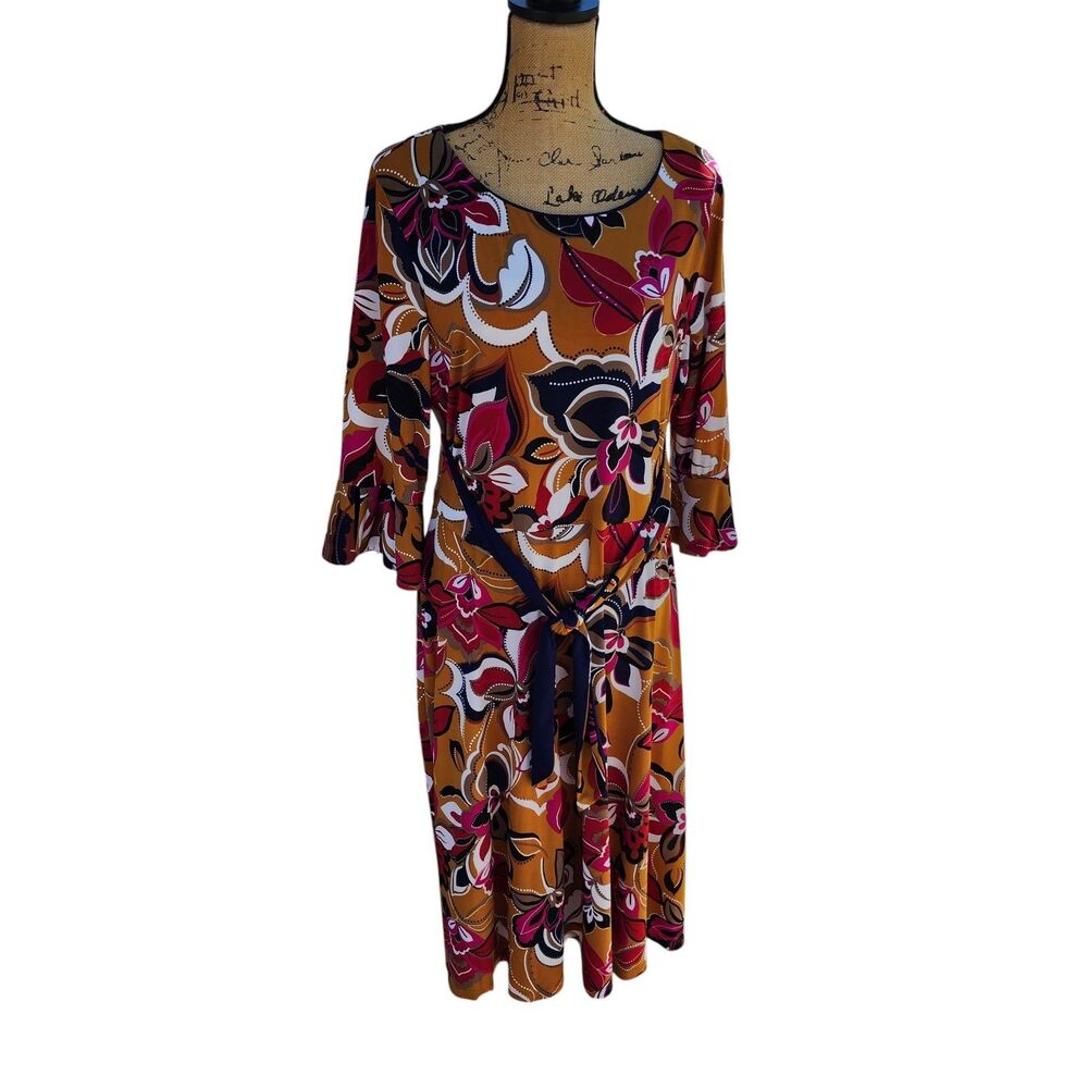 Leslie Fay Floral Bell Sleeve Faux Wrap Dress Mustard Pink Navy Blue Size‎ 14